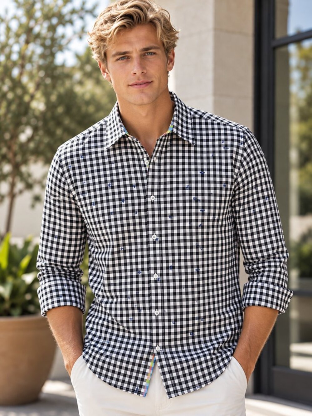 Robert Graham Jeans Button Front Shirt Large Black White Check Rainbow Accent